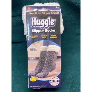 Huggle Ultra Plush Slipper Socks Gray Cozy Cable Knit Fleece Lined Non Slip Grip